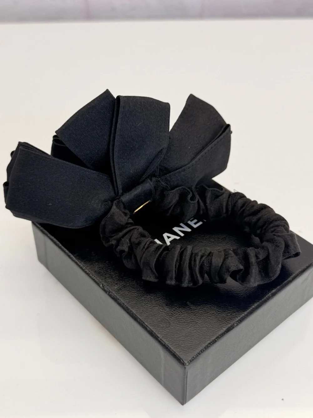 Rare Vintage Chanel Black Satin Bow Hair Scrunchie with Gold CC Accent